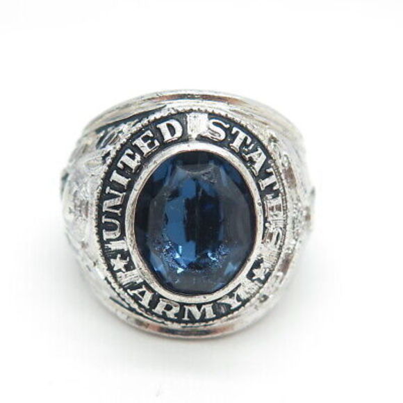 CREST CRAFT 925 Sterling Silver Antique Art Deco Blue Glass US Army Ring Size 8 - Picture 3 of 9